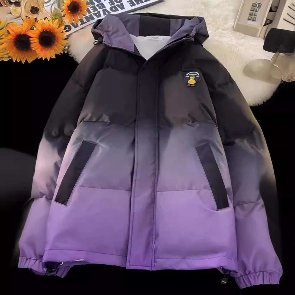Winter New Fashion Trend Simple Gradient Color Age-Reducing Hooded Loose Thickened Warm Cotton Jacket B5