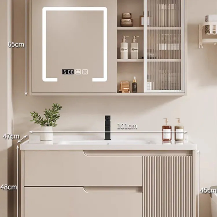 Integrated ceramic basin cream-style bathroom cabinet set - modern solid wood toilet sink, washbasin, and washstand