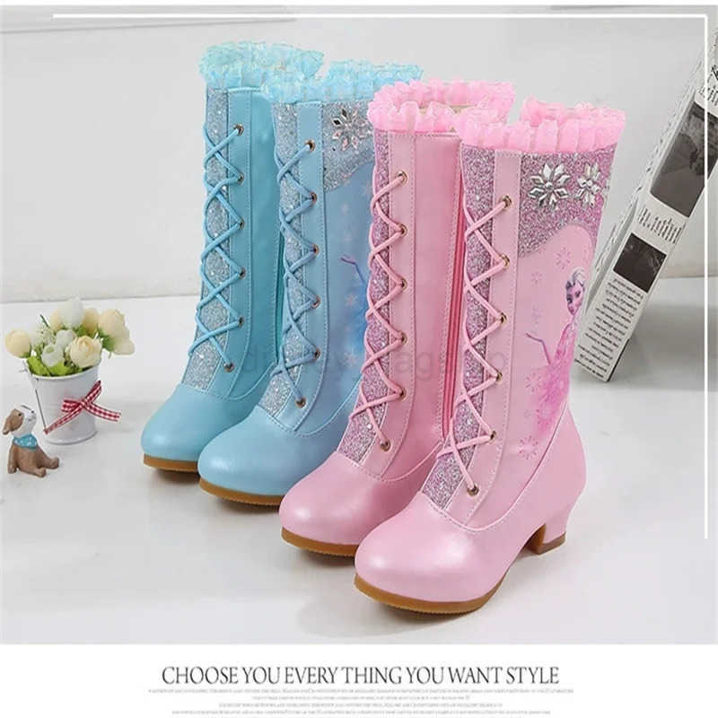 Disney Girls Leather Boots Winter Frozen Boots Side Zipper High Plush Princess Elsa Boots Warm Childrens Boots Size 2737XJ251013