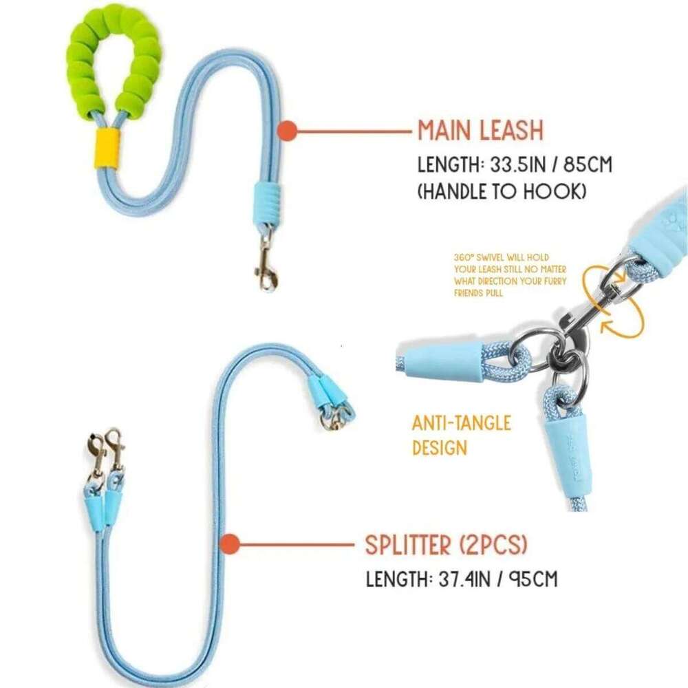 Hands Free Double Dog Wear-resistant Adjustable 360° Swivel No Tangle Leash with Padded Handles for Pet Walking Supplies