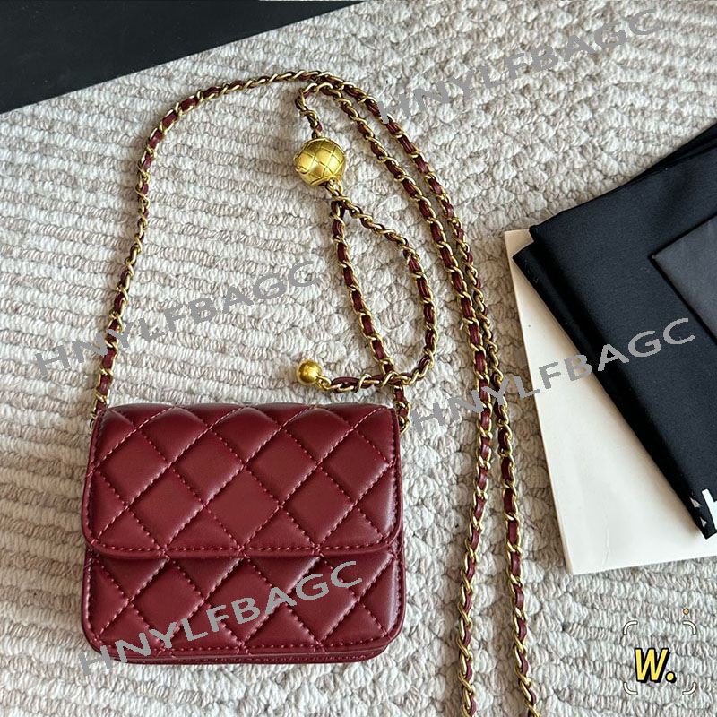 Ladies Designer Mini Flap Waist Bag Golden Metal Ball Lambskin Leather Adjustable Matelasse Chain Classic Diamond Lattice Shoulder Crossbody Coin Purse 12x10cm