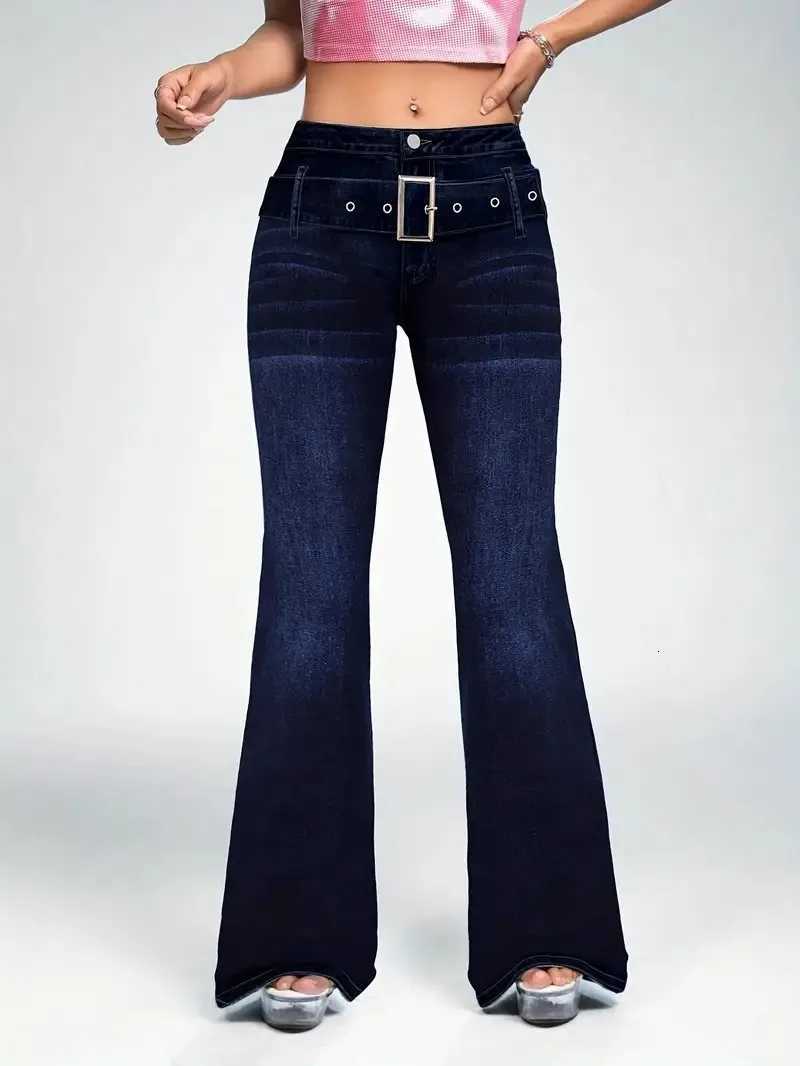 Womens fashionable casual wash dark blue decorative strap buckle stretch slim fit slim flared jeansT251013