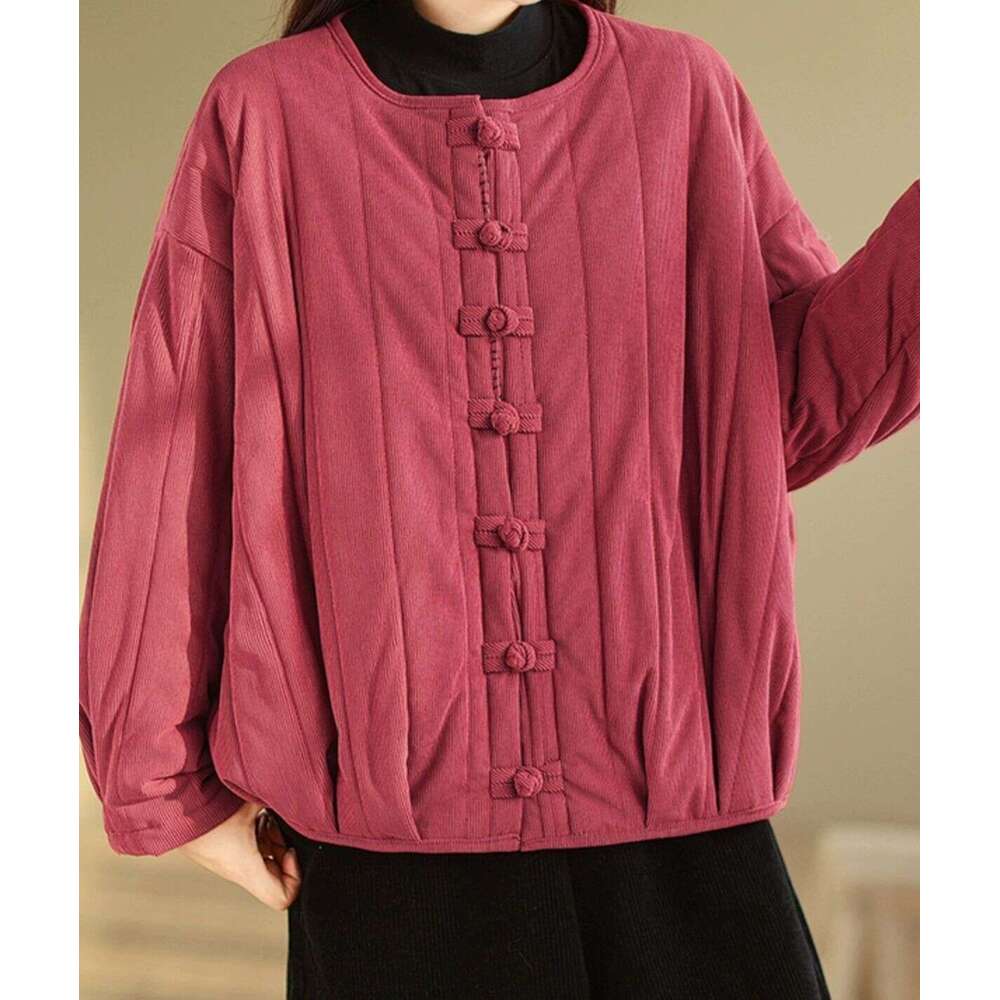 Plus Size Artistic Loose Corduroy Quilted Jacket For Autumn And Winter New Chinese Style Button Warm Cotton Coat B5