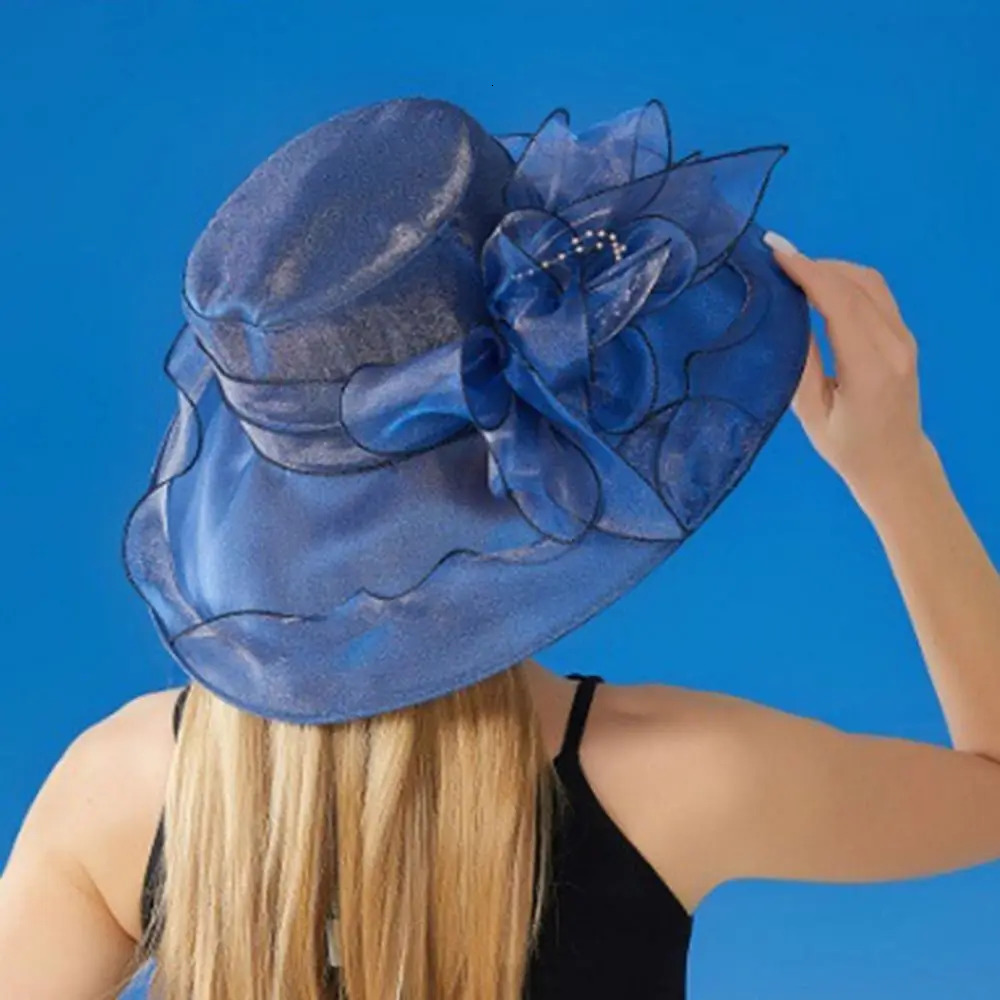 Solid Color Flowers Women Derby Hat Organza Wide Brim Summer Ruffles Sun Hat Foldable UV Protection Bridal Tea Party Wedding Hat 251013
