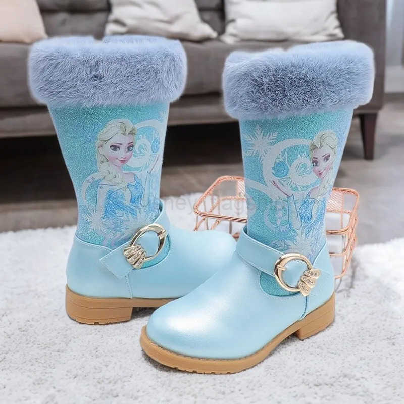 Disney Girls Leather Boots Winter Cartoon Frozen Boots Zipper High Plush Princess Elsa Boots Warm Childrens Boots Size 2536XJ251013