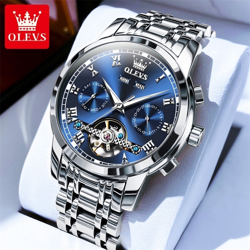 OLEVS Mens Watches Automatic Mechanical Business Wristwatch Waterproof Stainless Steel Man Skeleton Calendar 251011