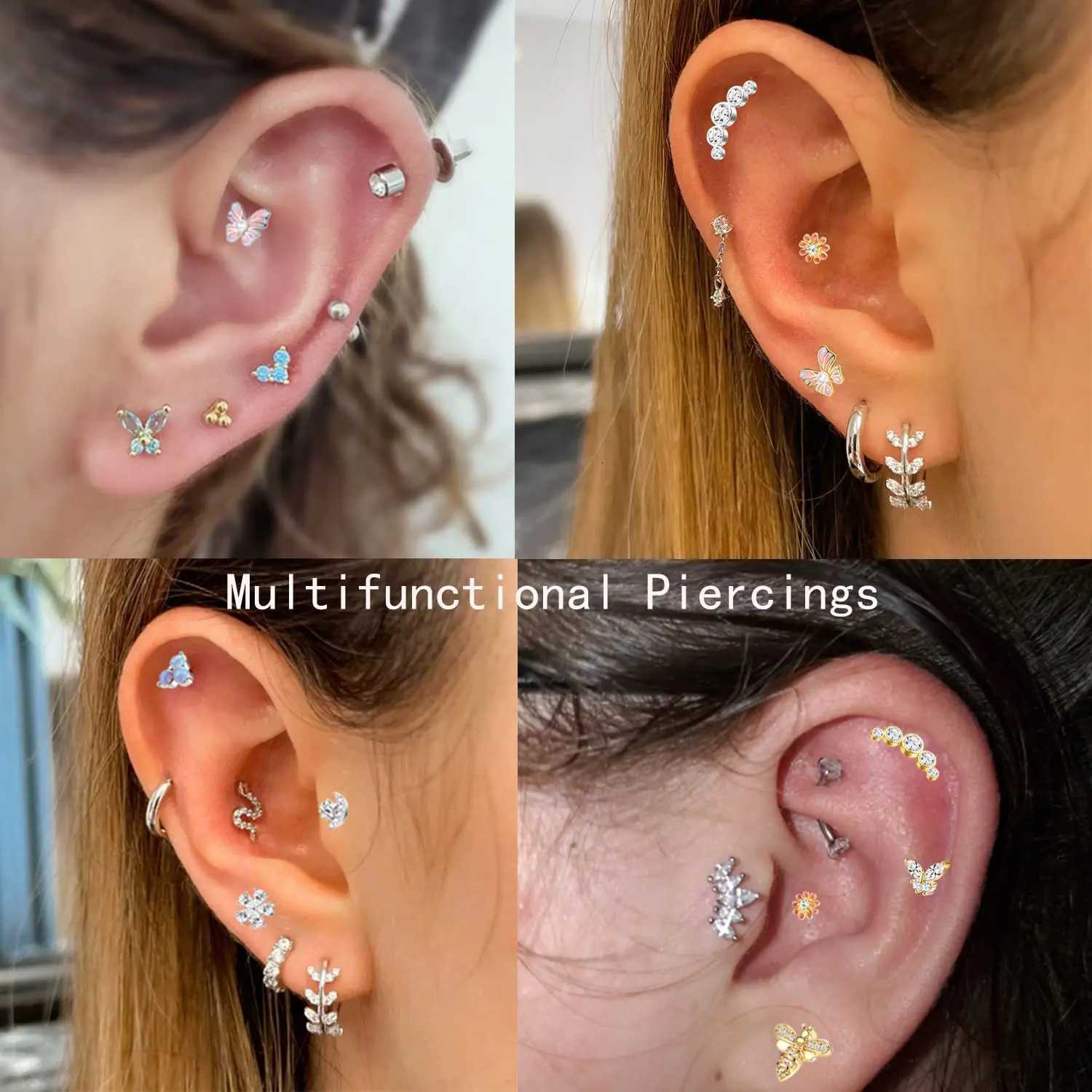 Drperfect 1pc Cartilage Earrings Stud for Women Surgical Steel Flat Back Earring Butterfly Flower Tragus Helix Piercing JewelryT260913 - view 3