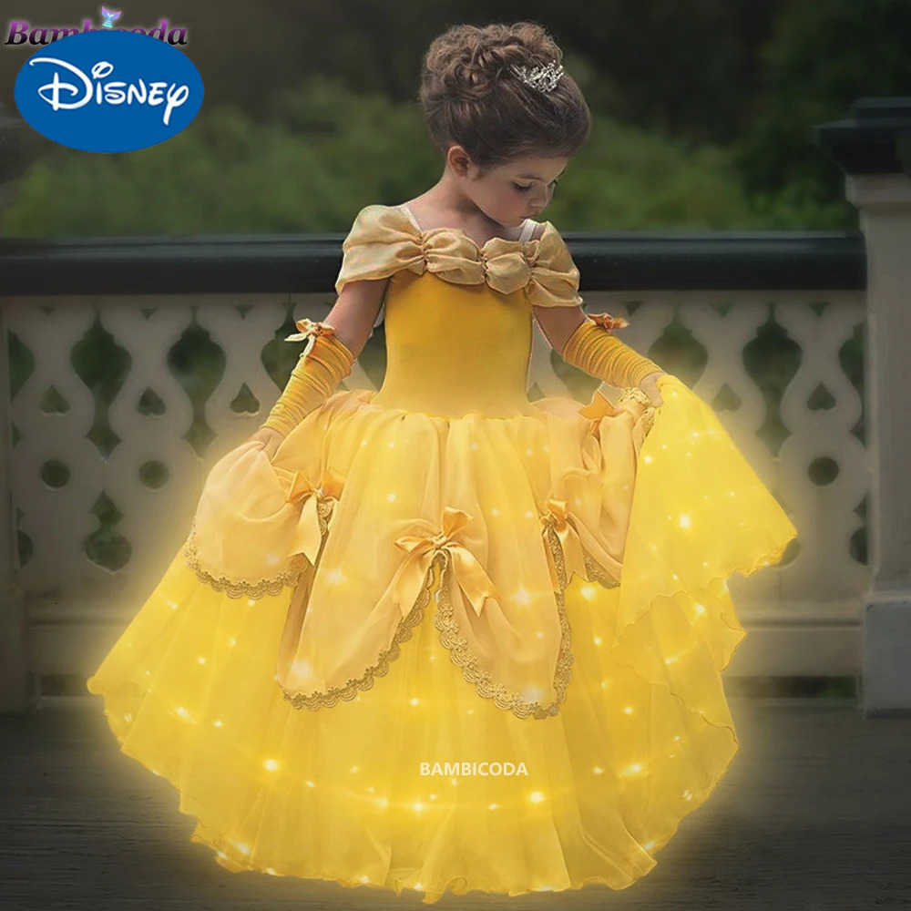 Disney Cosplay Belle Dress Girls LED Light up Dresses For Beauty and the beast Party Clothing Magic stick crown Costume 310Y H251013