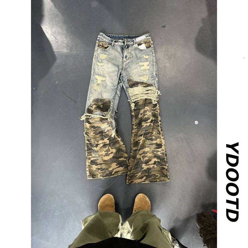 American Style Fake TwoPiece Pants Design Sense HighEnd Camouflage Patchwork Jeans Mens Cleanfit StraightLeg Pants y250823