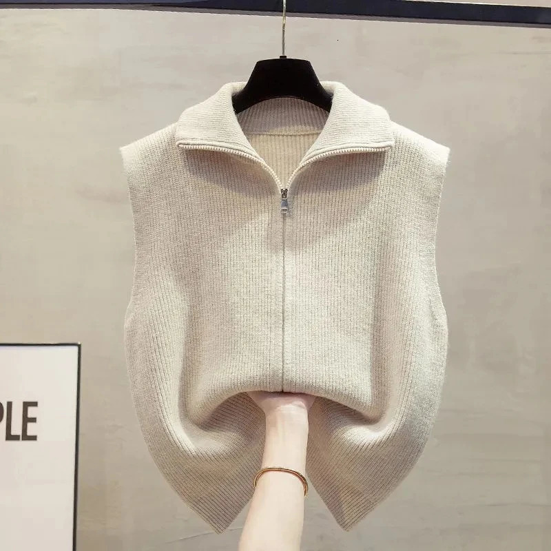 Double Zipper Vest Women Sweater Autumn Sleeveless Sweater Vest Stand Collar Solid Color Outside The Western Style Vest Female 251010