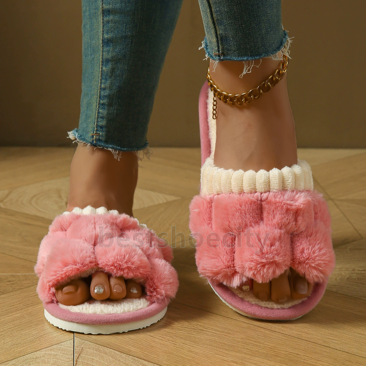 Designer Slides Comfortable Slip-On Fluffy Slippers Winter Cotton-Lined Trendy Non-Slip Indoor Home Warm Womens Sliders Size 36-43