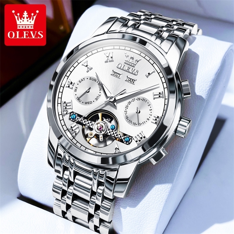 OLEVS Mens Watches Automatic Mechanical Business Wristwatch Waterproof Stainless Steel Man Skeleton Calendar 251011
