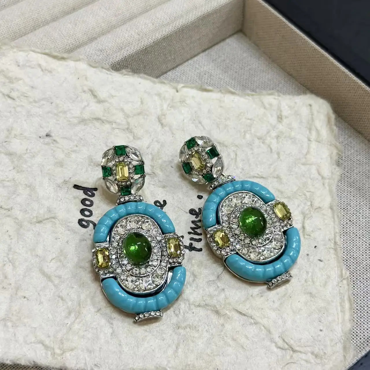 Vintage Turquoise Emerald Silver Drop Dangle Earring Victorian Era Full Diamond Gemstone Blue Ear Stud Chunky Statement Jewelry 251011 - view 5