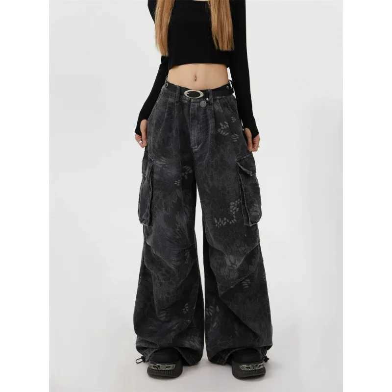 Loose Fit Womens Jeans Plus Size Casual Wide Leg Denim Pants American Streetwear Camouflage Snake PatternT251013