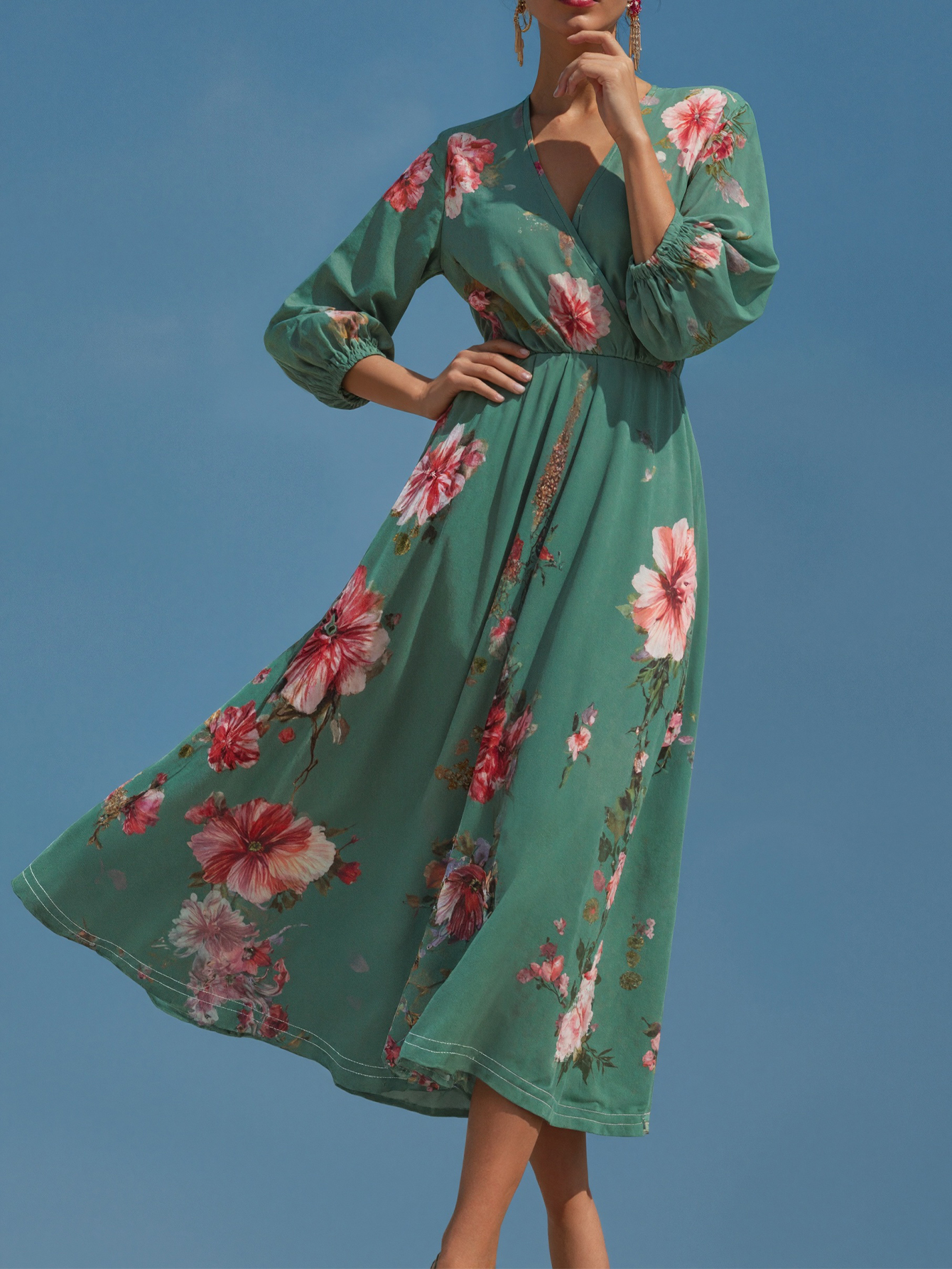 Women's New Fashion Vacation Floral Printed Midi Dress - Elegant V - Neck 3/4 Sleeve Green Dress-CF52915