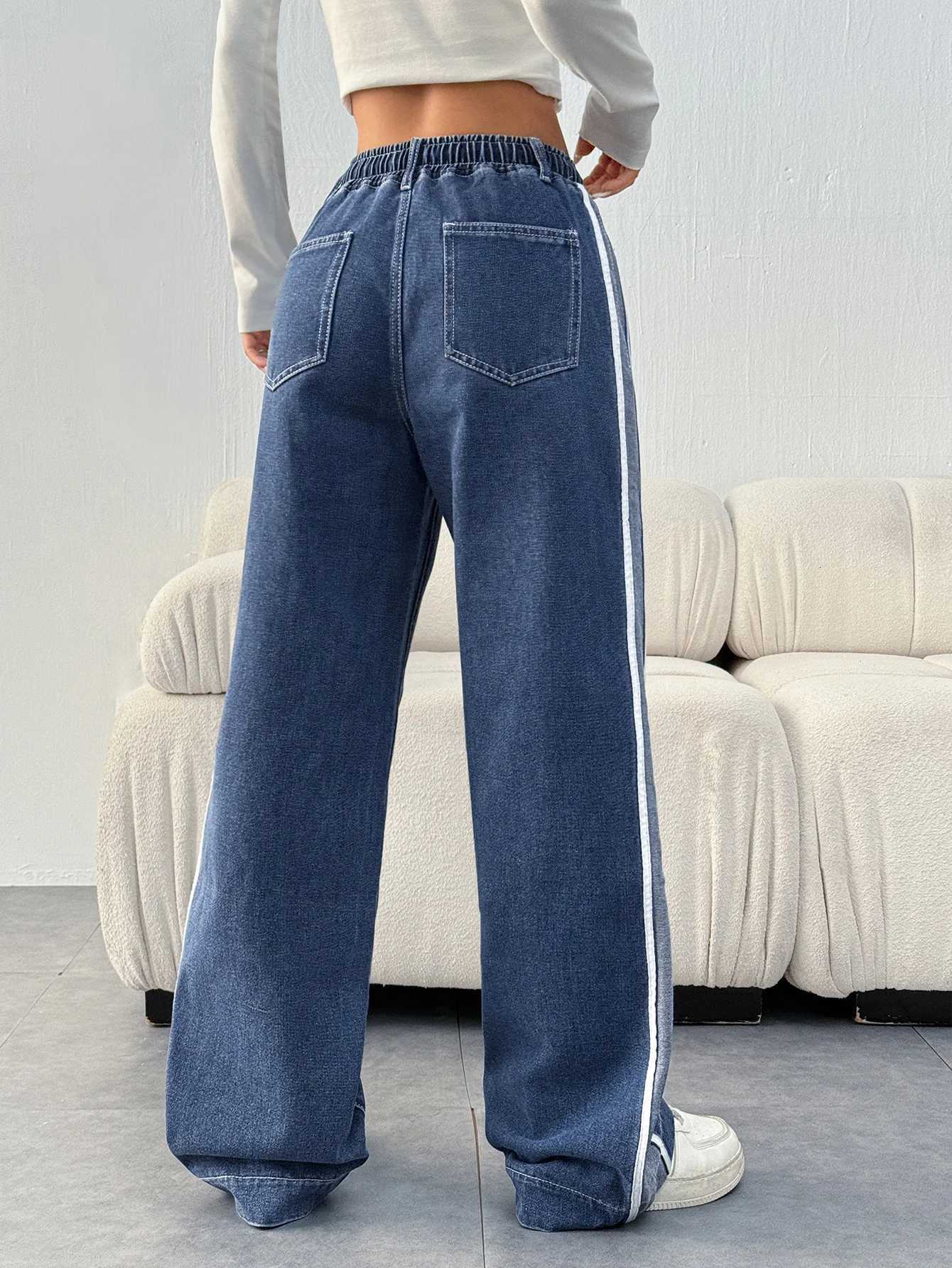 Womens Casual Style Loose Fit Jeans with Drawstring Waist and Slant Pockets Color Block Patchwork Denim Machine WashableT251013