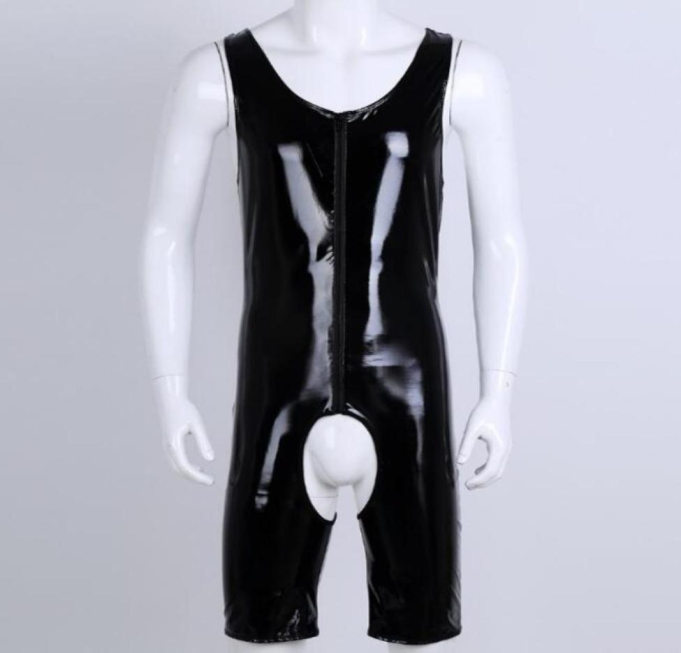 Black Catsuit Costumes Mens Wetlook pvc faux Leather Onepiece Sleeveless Front Zipper Crotchless Singlet Boxer Briefs Leotard Bod7236149