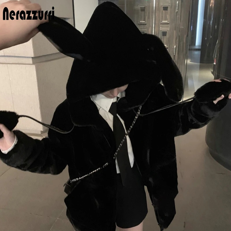 Nerazzurri Spring fluffy jacket with rabbit ears raglan sleeve zipper Oversize light soft harajuku kawaii faux fur hoodie 251029