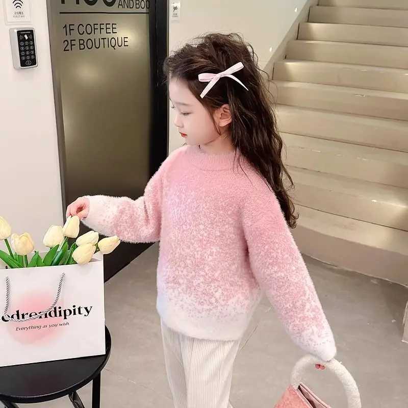 2025 NewGirls Thick FleeceLined Mink Fur Sweater Autumn Winter Child Toddler Base Layer Crew Neck Pullover Knit C251013
