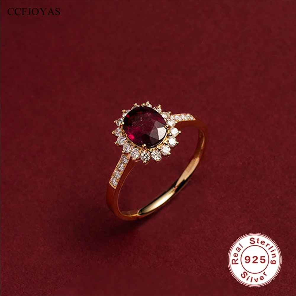 CCFJOYAS 100 925 Sterling Silver 18k Gold Plated Retro ruby Ring for Women Exquisite Oval Rose Red Zircon Vintage Finger Rin 251010