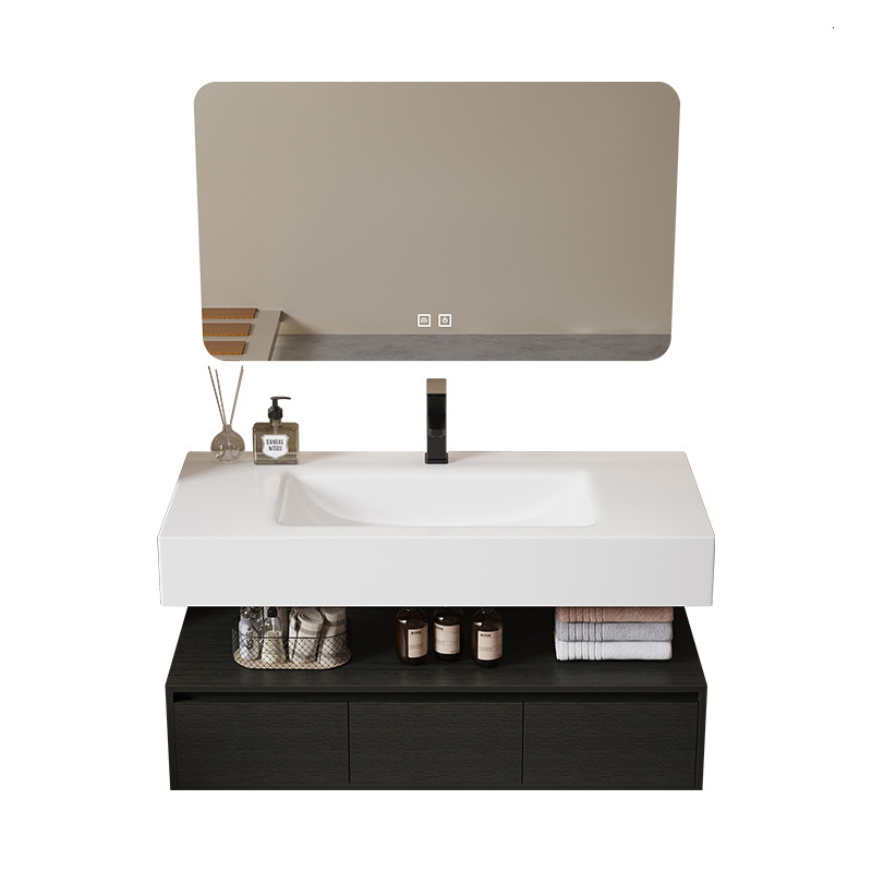 Bathroom Cabinet with Rock Slab Curved Integrated Basin, Multi-layer Solid Wood Wash Basin Set for Home Use