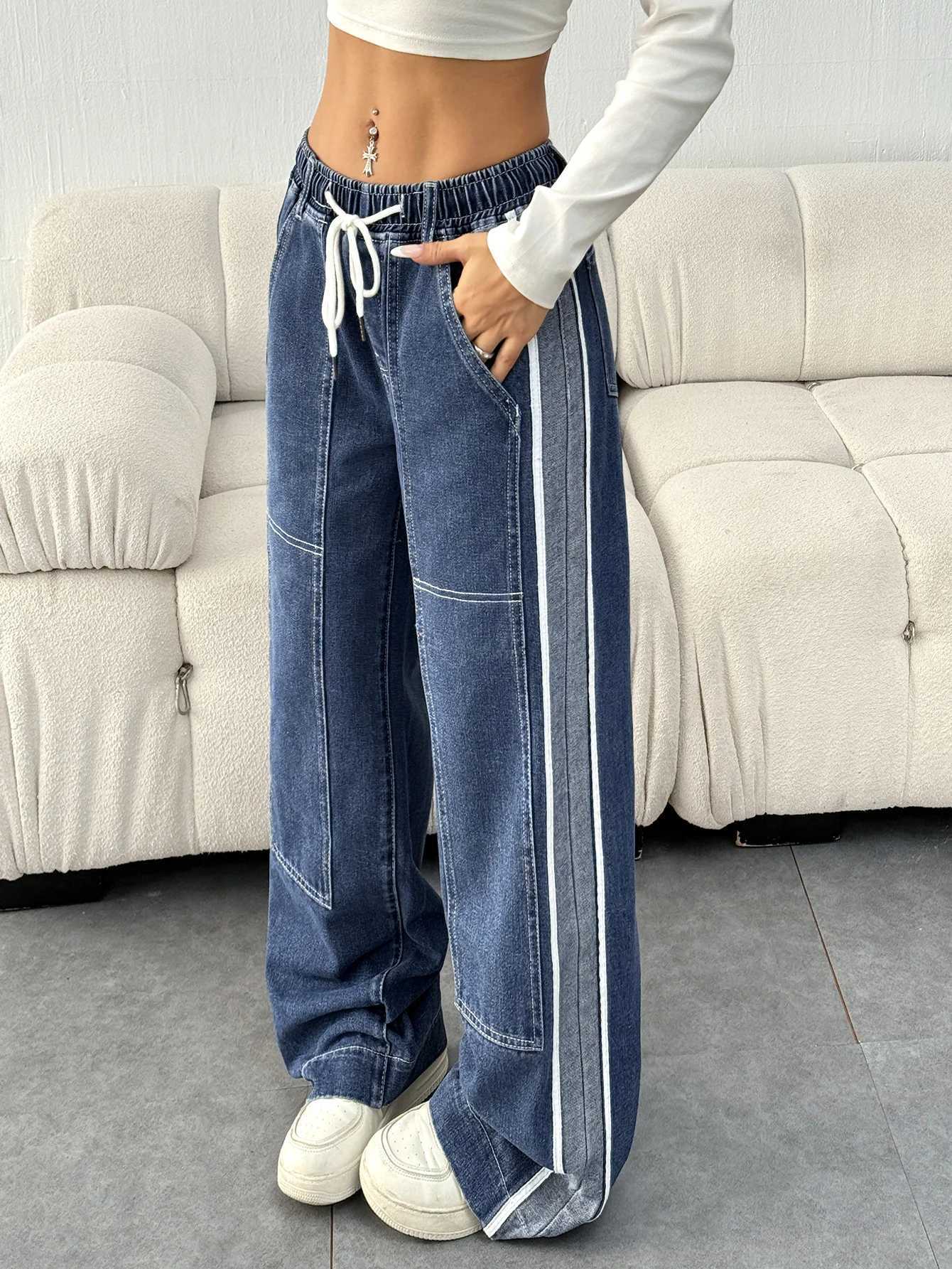 Womens Casual Style Loose Fit Jeans with Drawstring Waist and Slant Pockets Color Block Patchwork Denim Machine WashableT251013