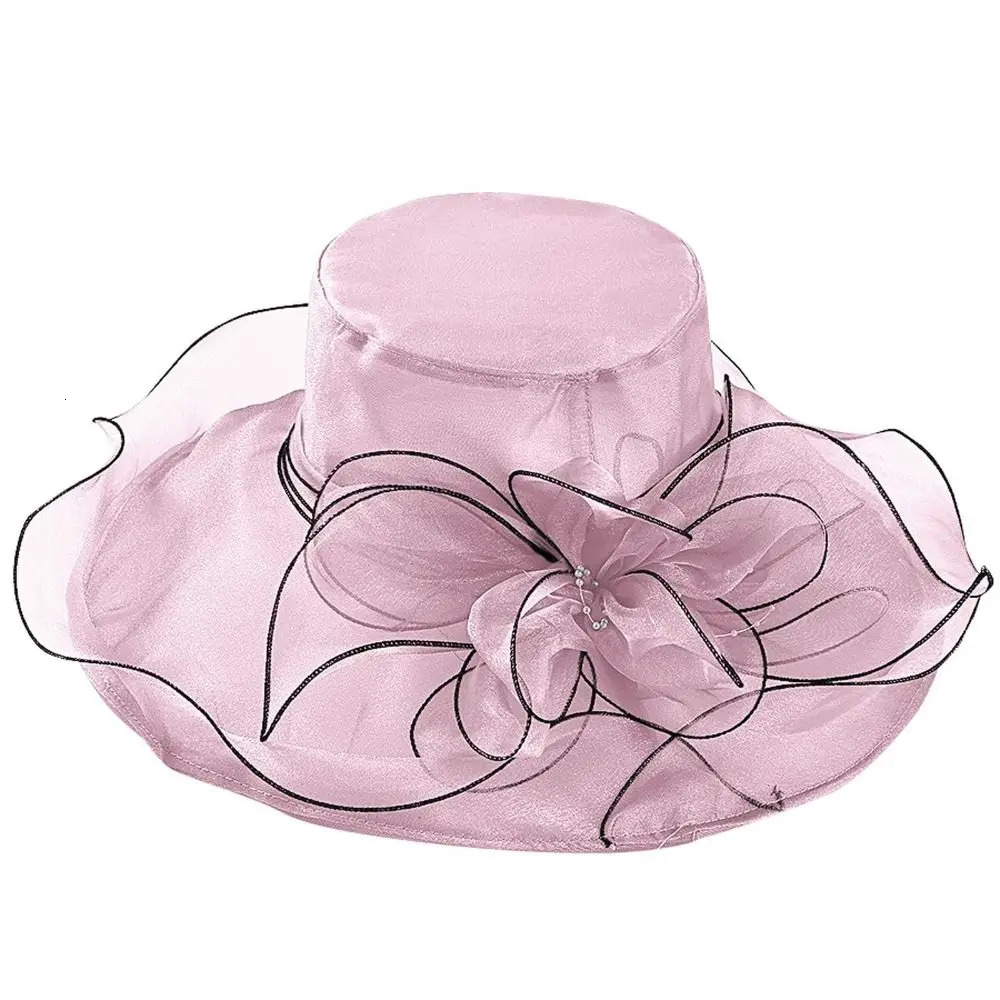 Solid Color Flowers Women Derby Hat Organza Wide Brim Summer Ruffles Sun Hat Foldable UV Protection Bridal Tea Party Wedding Hat 251013