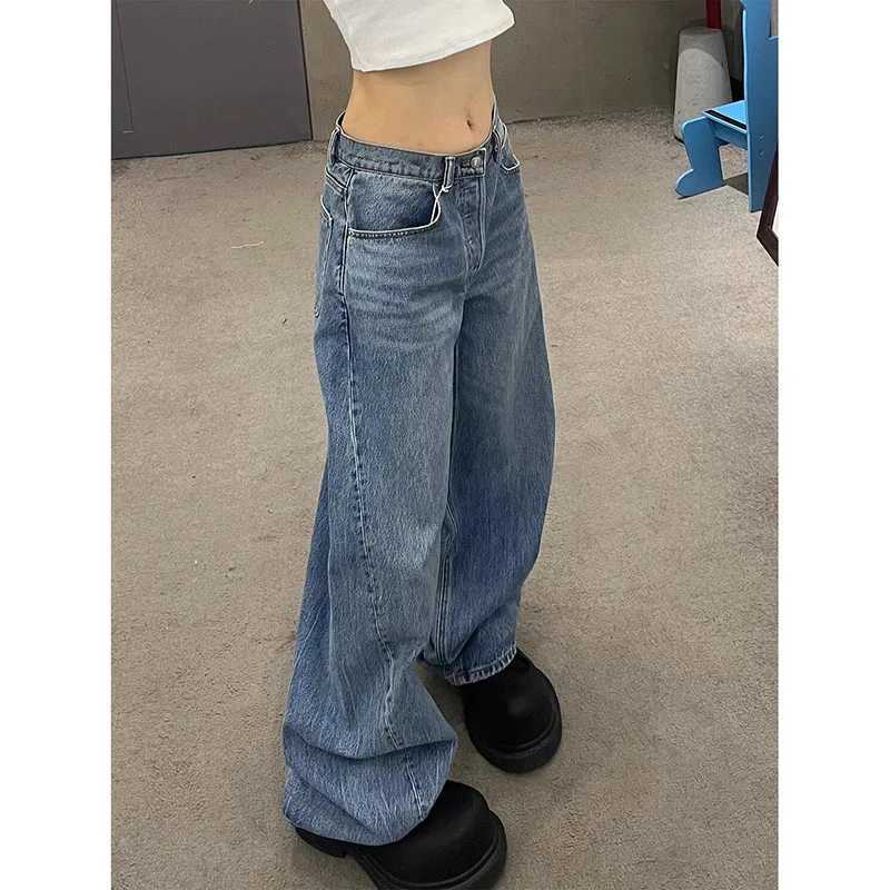 Gradient Spring 2025 Blue Jeans Women Y2K Vintage High Waisted Jeans Straight Streetwear Loose Large Wide Leg Denim PantsT251013