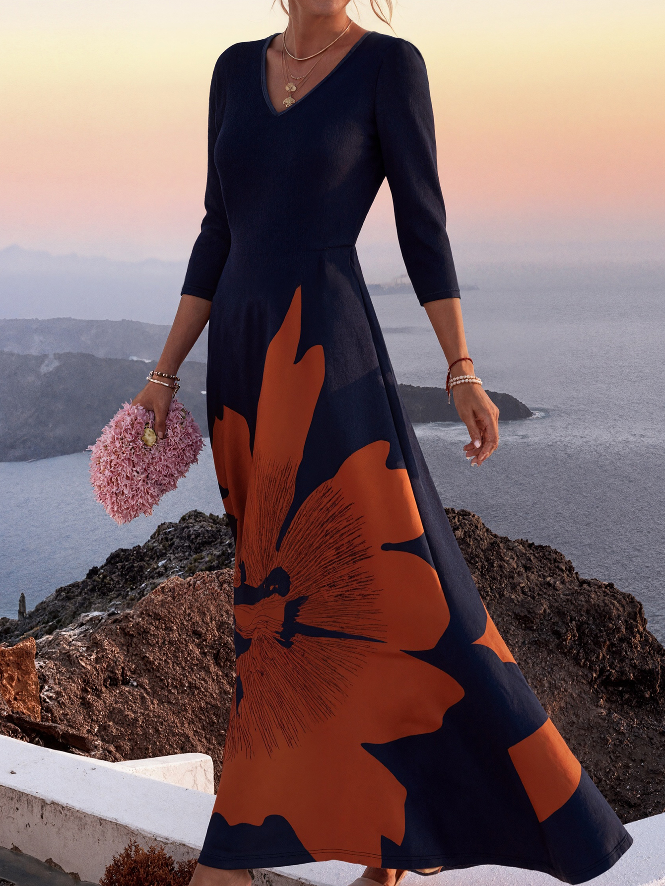 Women's Summer Autumn New Fashion Vacation Floral Printed Slimming Midi Dress - Mom - Style Elegant Navy Blue Dress-CF52916