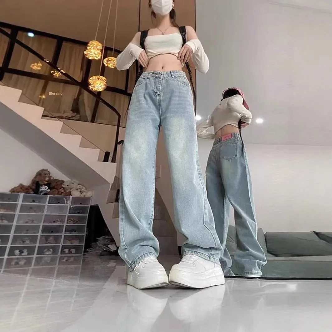 Retro American Wide Leg Denim Jeans Womens High Waist Straight Slimming Spring Autumn Drapey Slim FloorLength PantsT251013