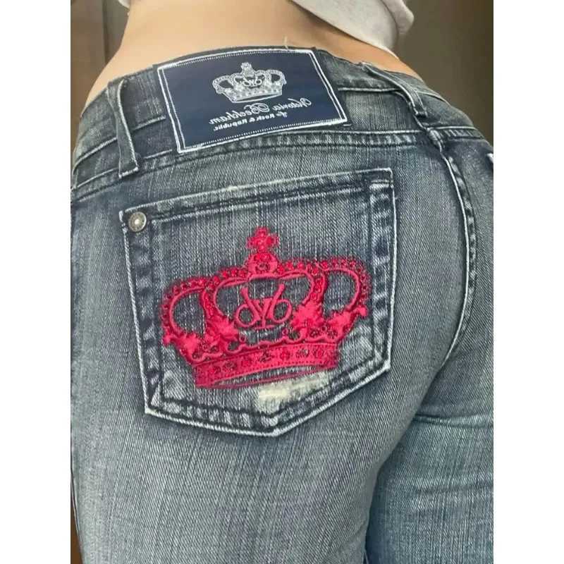 Harajuku Y2K crown graphic pocket embroidery high quality oversized jeans for women high street slim sexy casual straight pantsT251013