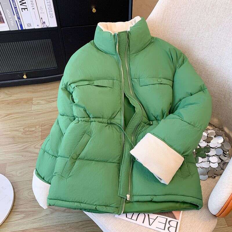 Winter New Korean Fashion Trend Niche Drawstring Waist Patchwork Color Block Thickened Warm Cotton Jacket B5