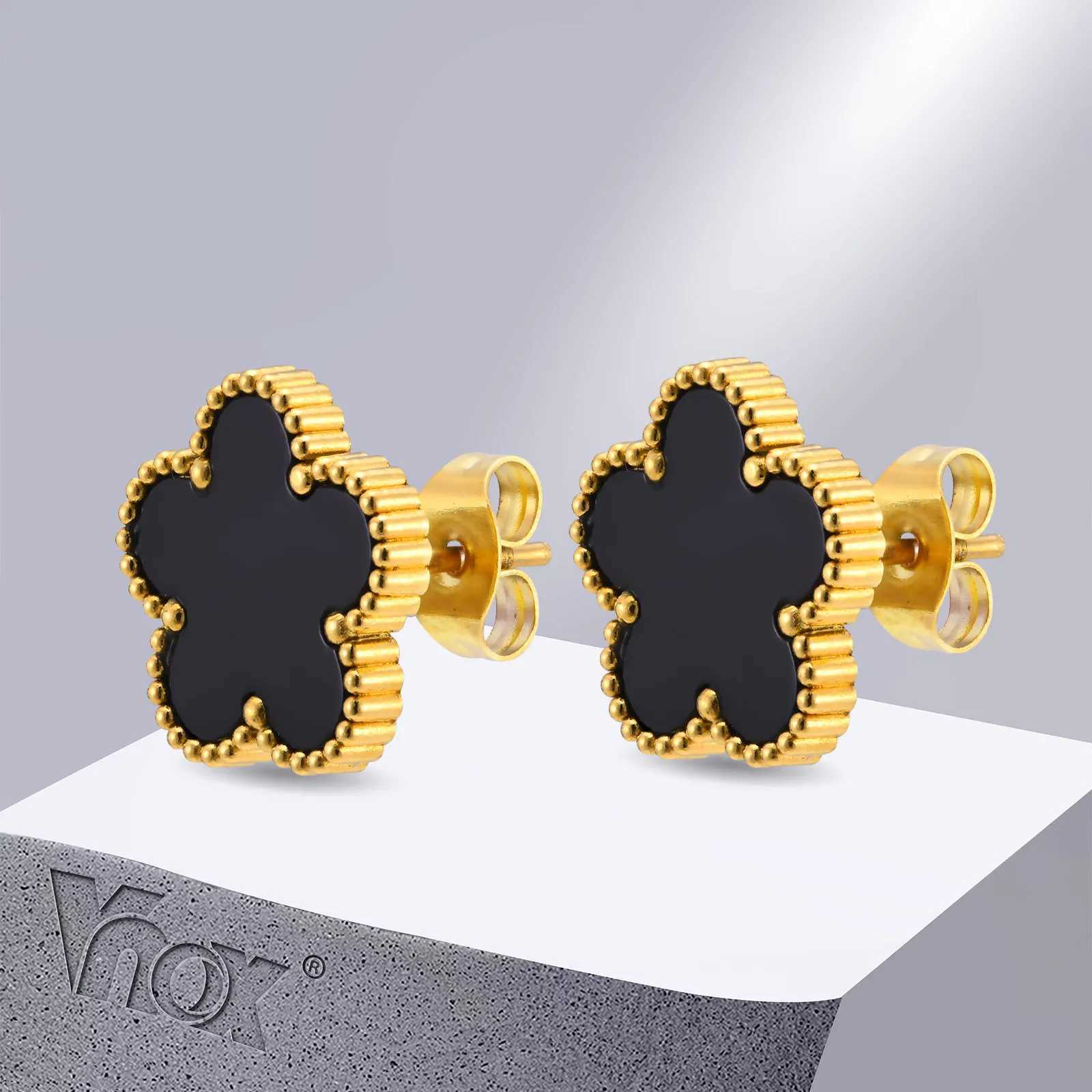 Vnox Elegant Flower Stud Earrings for Women Girls Gold Color Stainless Steel Classic Jewelry W251013