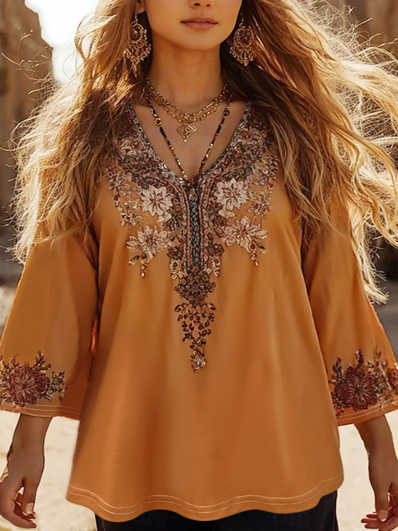 Women's Autumn New Retro Ethnic - Style All - Over Floral Printed Elegant Casual Plus - Size V - Neck Long - Sleeve T - Shirt-YL25428