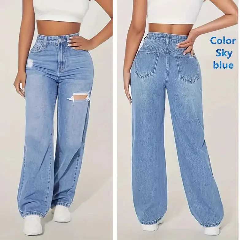 2025 Washed Ripped Highwaisted Wideleg Jeans New Four Seasons Fashionable and Versatile Casual Floorlength Jeans for WomenT251013