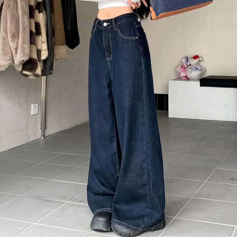 2025 Autumn Womens Y2K Jeans Versatile Navy FlannelLined Denim Pants Loose Straight Leg Drag Length Warm Trousers 2595T251013
