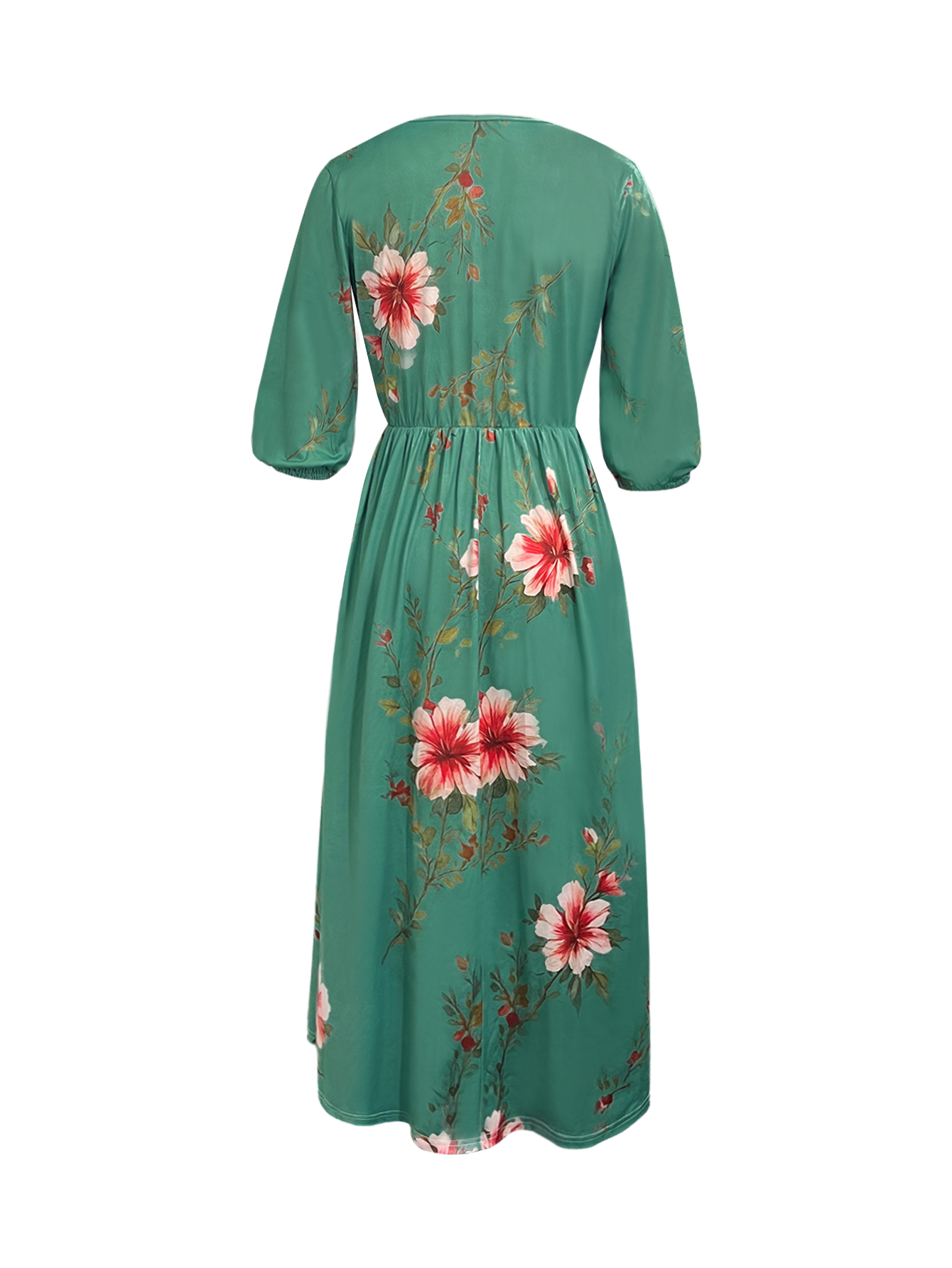 Women's New Fashion Vacation Floral Printed Midi Dress - Elegant V - Neck 3/4 Sleeve Green Dress-CF52915