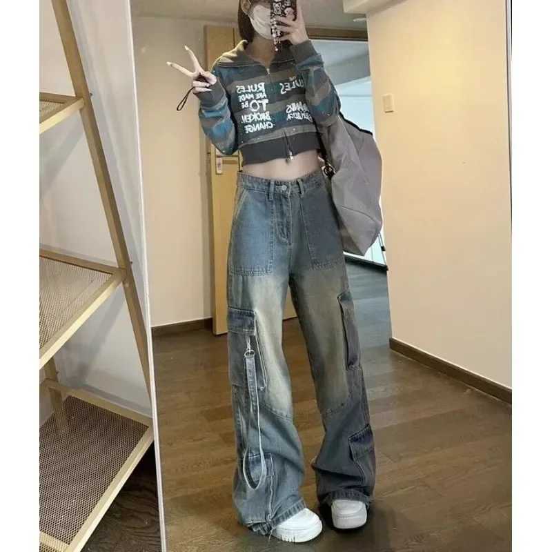 Female Jean Spliced Pockets Cargo Pants Washed Denim High Waist Full Length Jeans Loose Solid Basics Patchwork DistressedT251013
