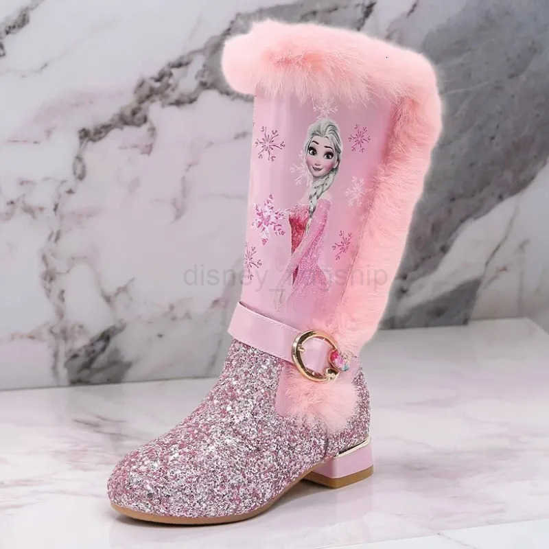 Disney Girls High Heel Boots Winter Childrens High Sleeve Plush Snow Warm Boots Princess Elsa Long Pink Blue Boots Size 2637XJ251013