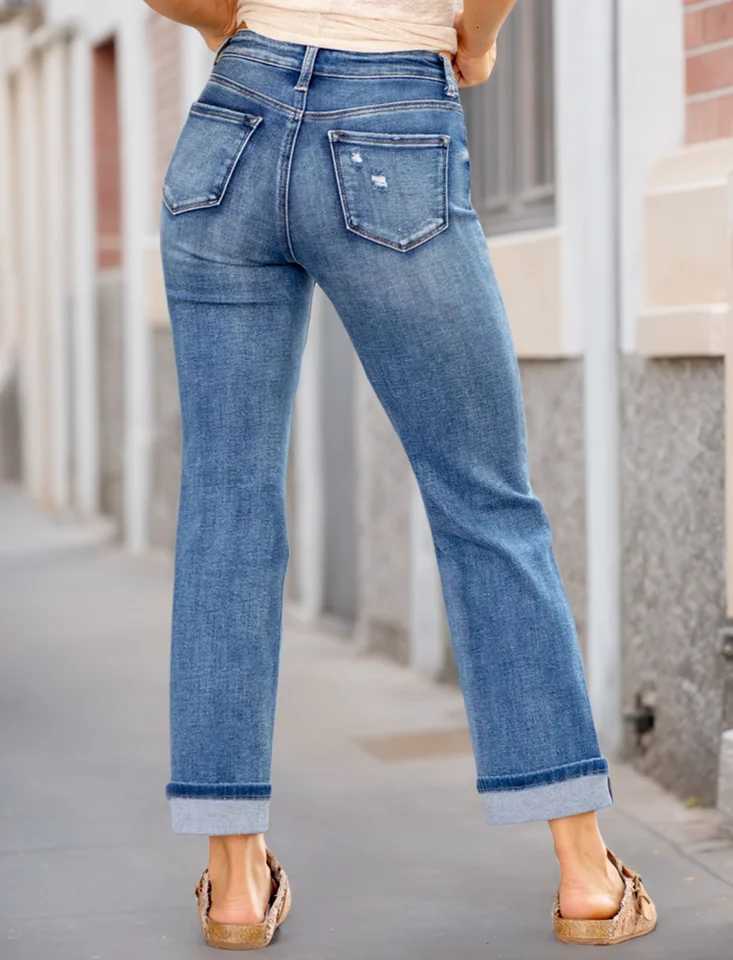 New Womens Fashion Stretch Ripped Slim Fit Jeans with Pockets Trendy Elastic Straight Leg Denim PantsT251013