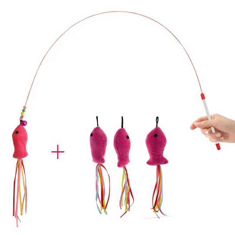 Elastic Metal Boom Tease Cat Stick Funny Wand Toy 3 Pcs Replaceable Plush Fake Fishes Interactive With Kitten Pets Make Fun C251013