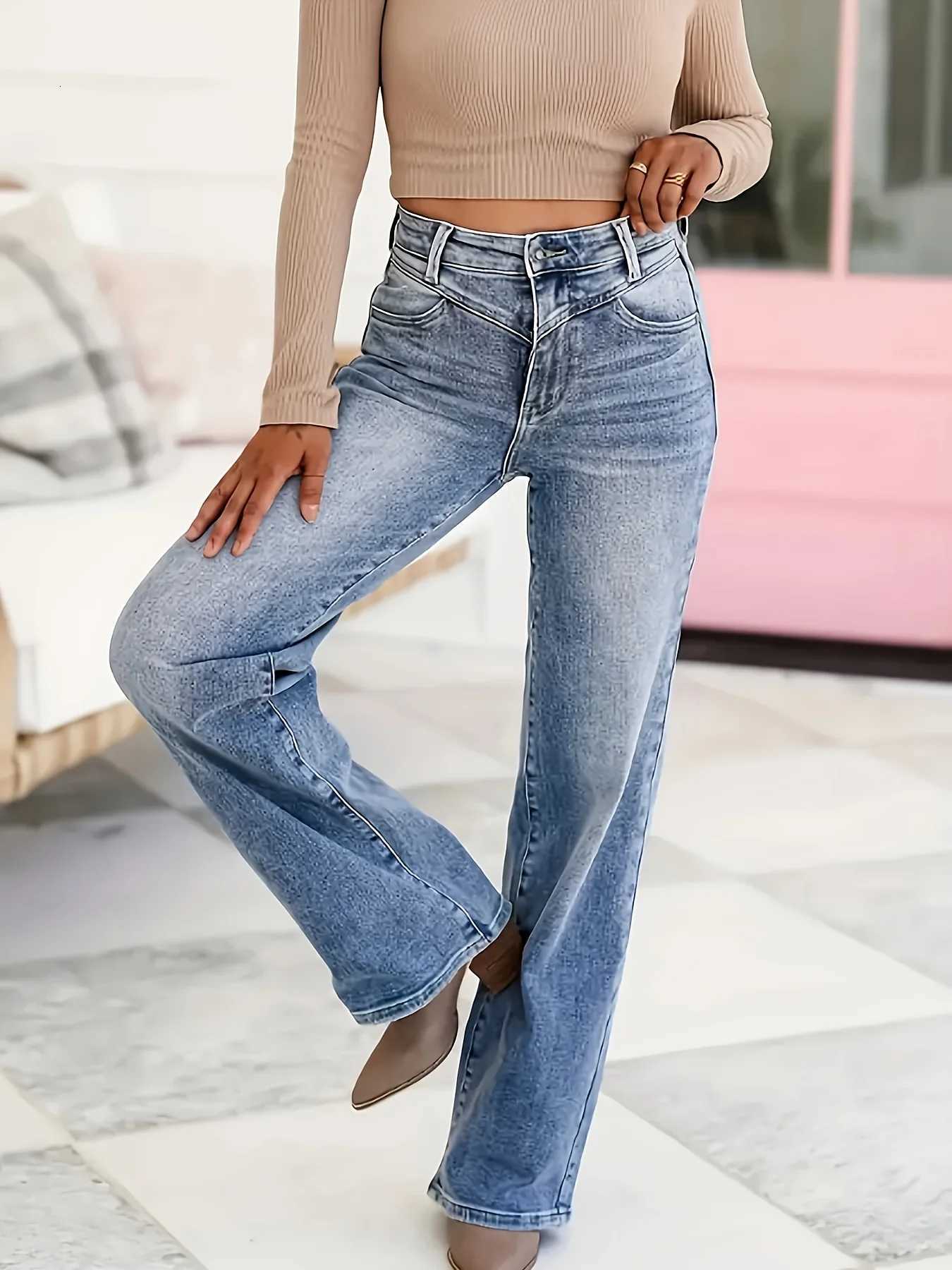 Womens Plus Size Straight Jeans Summer Temperament Commuter Washed Plus Size Pocket Solid Color Elegant JeansT251013