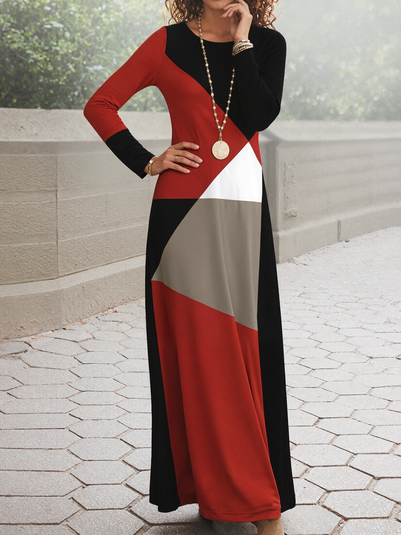 Women's Autumn Winter Mixed Color Block Long - Sleeve Maxi Dress - Elegant Fashion Party Dress-CF55181