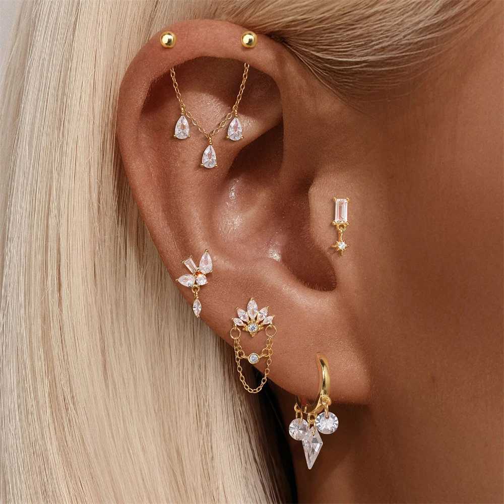 CANNER 1PC 925 Sterling Silver Tassel Chain Eight Pointed Stars Moon Earrings For Women Ins Horse Eye Geometric Zircon Earring W251013