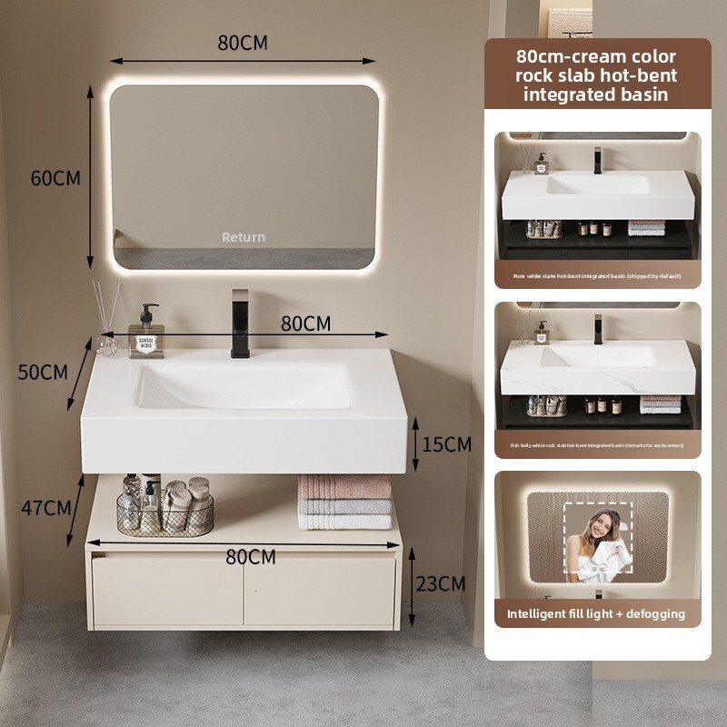 Bathroom Cabinet with Rock Slab Curved Integrated Basin, Multi-layer Solid Wood Wash Basin Set for Home Use