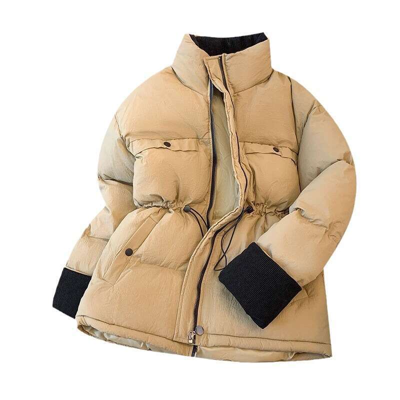 Winter New Korean Fashion Trend Niche Drawstring Waist Patchwork Color Block Thickened Warm Cotton Jacket B5