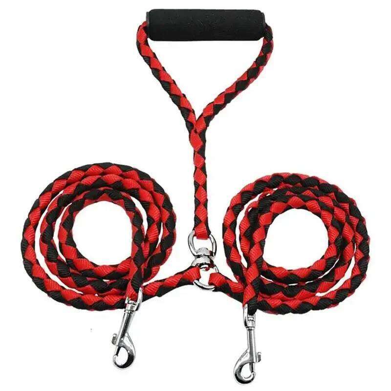 2 Way Braided Nylon Dual Dog Double Lead Rope Strong Pet Leash Walking Running Leads For Couplers With Soft Padded Handle