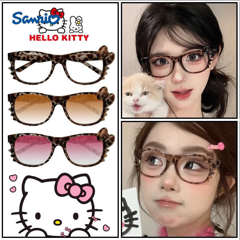 Sanrio Hello Kitty Leopard Print Eyeglass Frame Cute Hot Girls Y2K Vintage Sunglasses Party Costumes Cartoon Anime Decor Gifts L251013