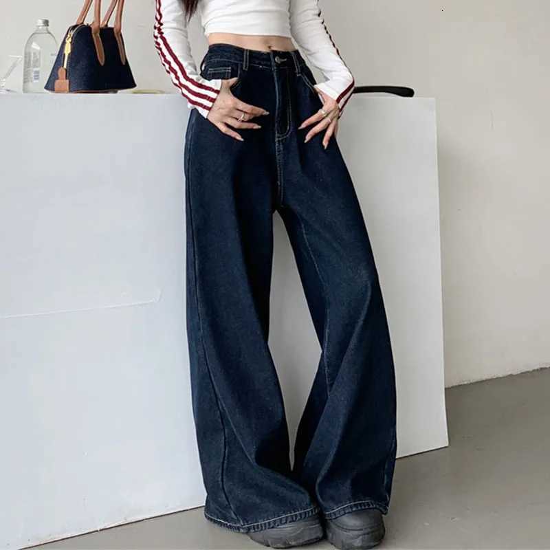 2025 Autumn Womens Y2K Jeans Versatile Navy FlannelLined Denim Pants Loose Straight Leg Drag Length Warm Trousers 2595T251013
