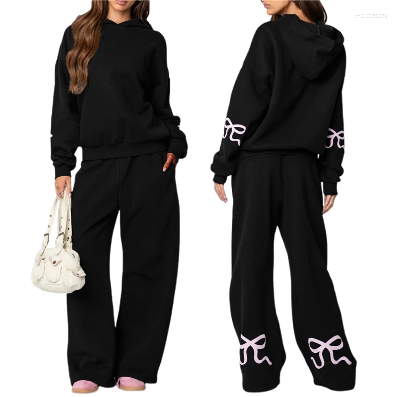 Women's Hoodies Spring Autumn Winter Loose Pants Leisure Suit Women Long Sleeve Bow Print Hoodie Top Trouser 2 Piece Set Fashion Jogging